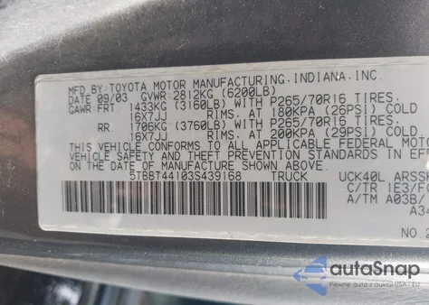 2003 Toyota Tundra Sr5 V8 z USA, uszkodzony, nr VIN 5TBBT44103S439168